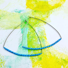 Load image into Gallery viewer, Blue Spiraled Tin Triangle Hoop Earrings