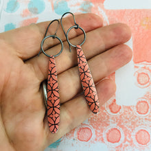Load image into Gallery viewer, Buff Pink Sacred Geometry Long Teardrops Upcycled Tin Earrings