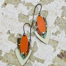 Load image into Gallery viewer, Persimmon &amp; Cream Triangle Upcycled Teardrop Tin Earrings