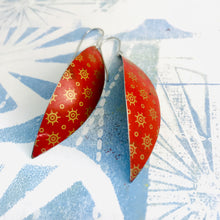 Load image into Gallery viewer, Vintage Red with Antique Gold Upcycled Tin Leaf Earrings
