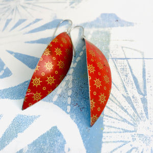 Vintage Red with Antique Gold Upcycled Tin Leaf Earrings