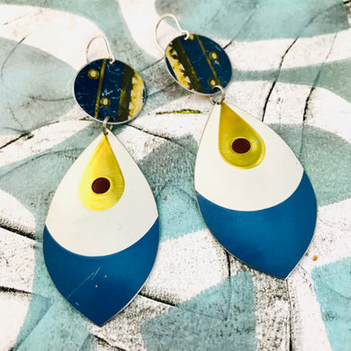 Golden Teardrop on Snow Upcycled Long Pod Tin Earrings