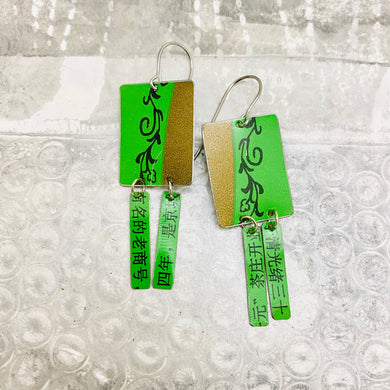 Bright Green Kanji Windows Upcycled Tin Earrings