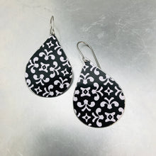 Load image into Gallery viewer, Flowery White Pattern on Black Upcycled Teardrop Tin Earrings