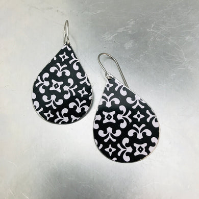 Flowery White Pattern on Black Upcycled Teardrop Tin Earrings