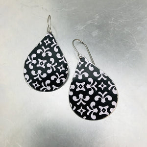 Flowery White Pattern on Black Upcycled Teardrop Tin Earrings