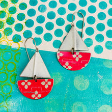 Load image into Gallery viewer, Pale Mint Flowers on Cerise Upcycled Tin Sailboat Earrings