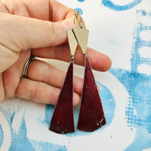 Load image into Gallery viewer, Gold &amp; Long Raspberry Kites Recycled Tin Earrings