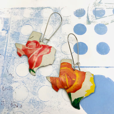 Pink and Orange Texas Roses Upcycled Tin Earrings