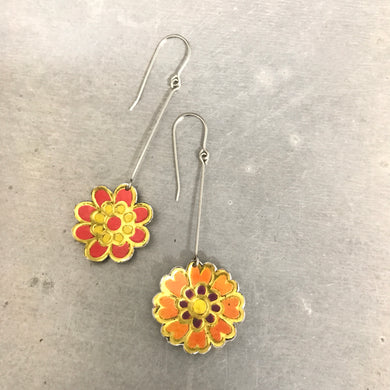 Red & Orange Vintage Stylized Flowers Recycled Tin Earrings