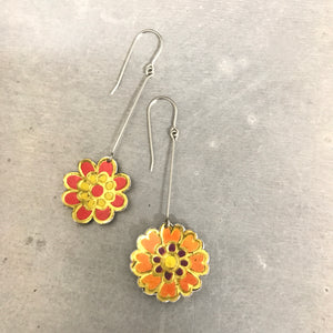 Red & Orange Vintage Stylized Flowers Recycled Tin Earrings