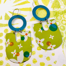 Load image into Gallery viewer, White Flowers on Spring Green Chunky Horseshoes Zero Waste Tin Earrings