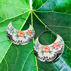 Midnight Edged Flowers Crescent Circles Upcycled Tin Earrings