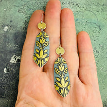 Load image into Gallery viewer, Golden Flowers on Washed Denim Upcycled Tin Earrings