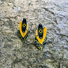 Load image into Gallery viewer, Pop of Orange Yellow Reuleaux Triangle Upcycled Teardrop Tin Earrings