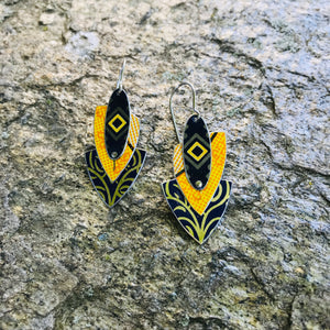 Pop of Orange Yellow Reuleaux Triangle Upcycled Teardrop Tin Earrings