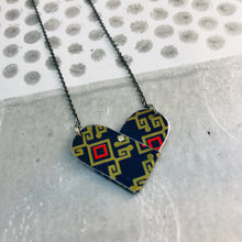 Load image into Gallery viewer, Red &amp; Gold on Midnight Blue Tin Heart Recycled Necklace
