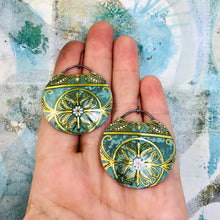 Load image into Gallery viewer, Teal &amp; Gold Circles Upcycled Tin Earrings