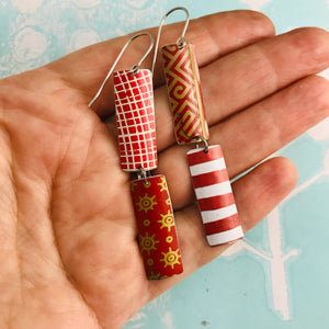 Mixed Red & Gold Patterns Rectangles Tin Earrings