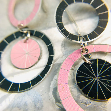Black & Pale Pink Silver Starburst Multi Circles Upcycled Tin Earrings