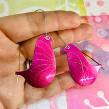Load image into Gallery viewer, Shimmery Bright Pink Spirograph Birds on a Wire Upcycled Tin Earrings