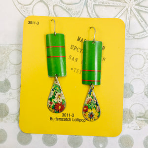 Green Rectangles and Flowery Teardrops Tin Earrings