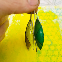 Load image into Gallery viewer, Cool Stripes Long Pods Upcycled Tin Leaf Earrings