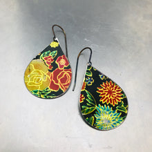 Load image into Gallery viewer, Bright Flowers on Black Upcycled Tin Teardrop Earrings