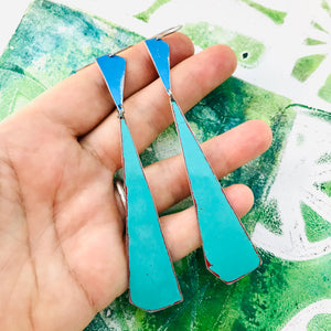 Bright Blue & Long Turquoise Narrow Kites Recycled Tin Earrings