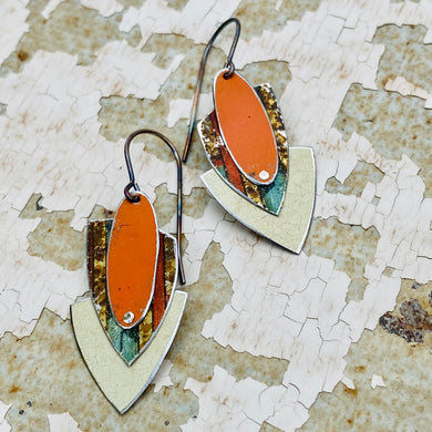 Persimmon & Cream Triangle Upcycled Teardrop Tin Earrings
