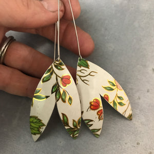 Red Buds & Green Leaves on White Upcycled Tin Earrings