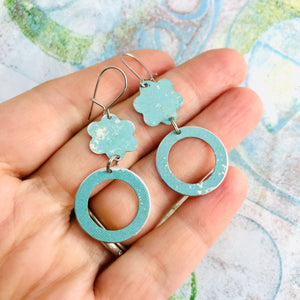 Soft Aqua Upcycled Flower and Ring Tin Earrings