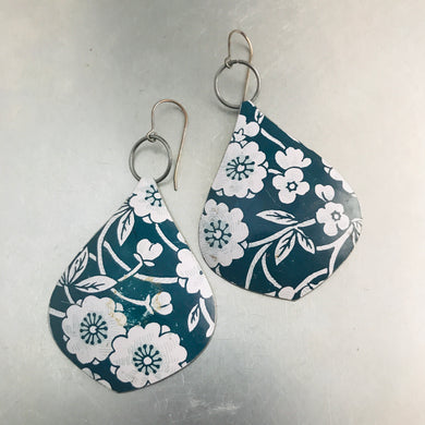 Big Cherry Blossoms on Denim Teardrop Upcycled Tin Earrings