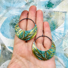 Load image into Gallery viewer, Teal &amp; Gold Crescent Circles Upcycled Tin Earrings