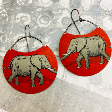 Elephants on Scarlet Circles Upcycled Tin Earrings