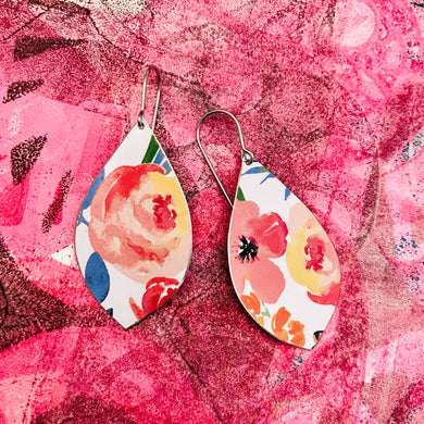 Watercolor Flowers on White Upcycled Pod Tin Earrings