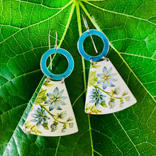 Load image into Gallery viewer, Blue Blossoms on White Small Fans Tin Earrings
