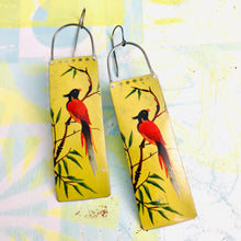Load image into Gallery viewer, Vintage Red Song Birds Long Narrow Tin Earrings