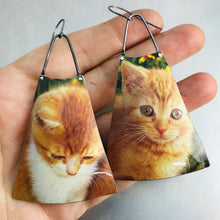 Load image into Gallery viewer, Melancholy Kittens Upcycled Vintage Tin Long Fans Earrings