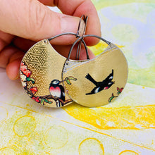Load image into Gallery viewer, Songbirds on Golden Pattern Circles Upcycled Tin Earrings