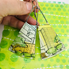 Load image into Gallery viewer, Modernist Architectural Renderings Upcycled Tin Long Fans Earrings