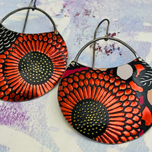 Load image into Gallery viewer, Shimmery Red Sunflowers Circles Upcycled Tin Earrings