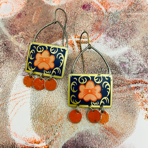 Vintage Poppy on Blue Blue Rectdangles Upcycled Tin Earrings