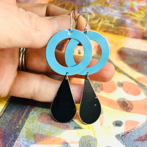 Black Teardrops Aqua Rings Upcycled Teardrop Tin Earrings