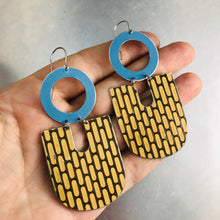Load image into Gallery viewer, Vintage Buckskin Pattern &amp; Blue Chunky Horseshoes Zero Waste Tin Earrings