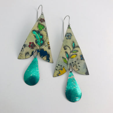 Vintage Flowers & Green Teardrops Vintage Tin Arrows Earrings