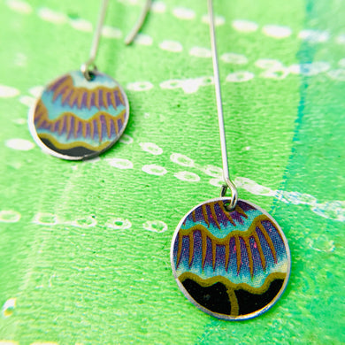 Close up Blue Flower Petals Long Dot Upcycled Tin Earrings