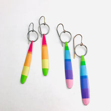 Load image into Gallery viewer, Bright Warms Rainbow Stripe Long Teardrops Upcycled Tin Earrings