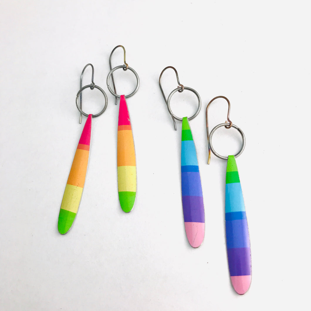 Bright Warms Rainbow Stripe Long Teardrops Upcycled Tin Earrings