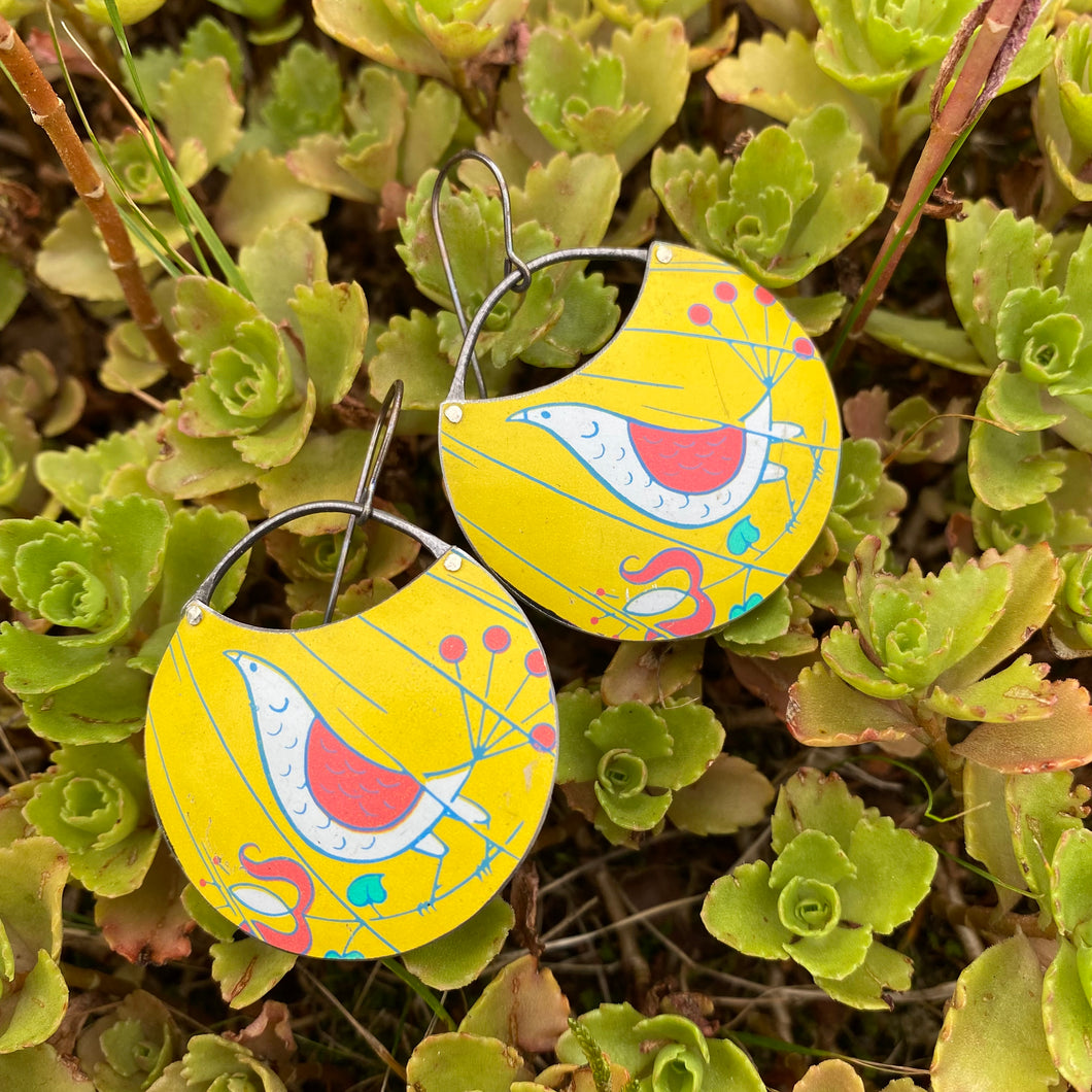 Mod Birds on Goldenrod Crescent Circles Upcycled Tin Earrings
